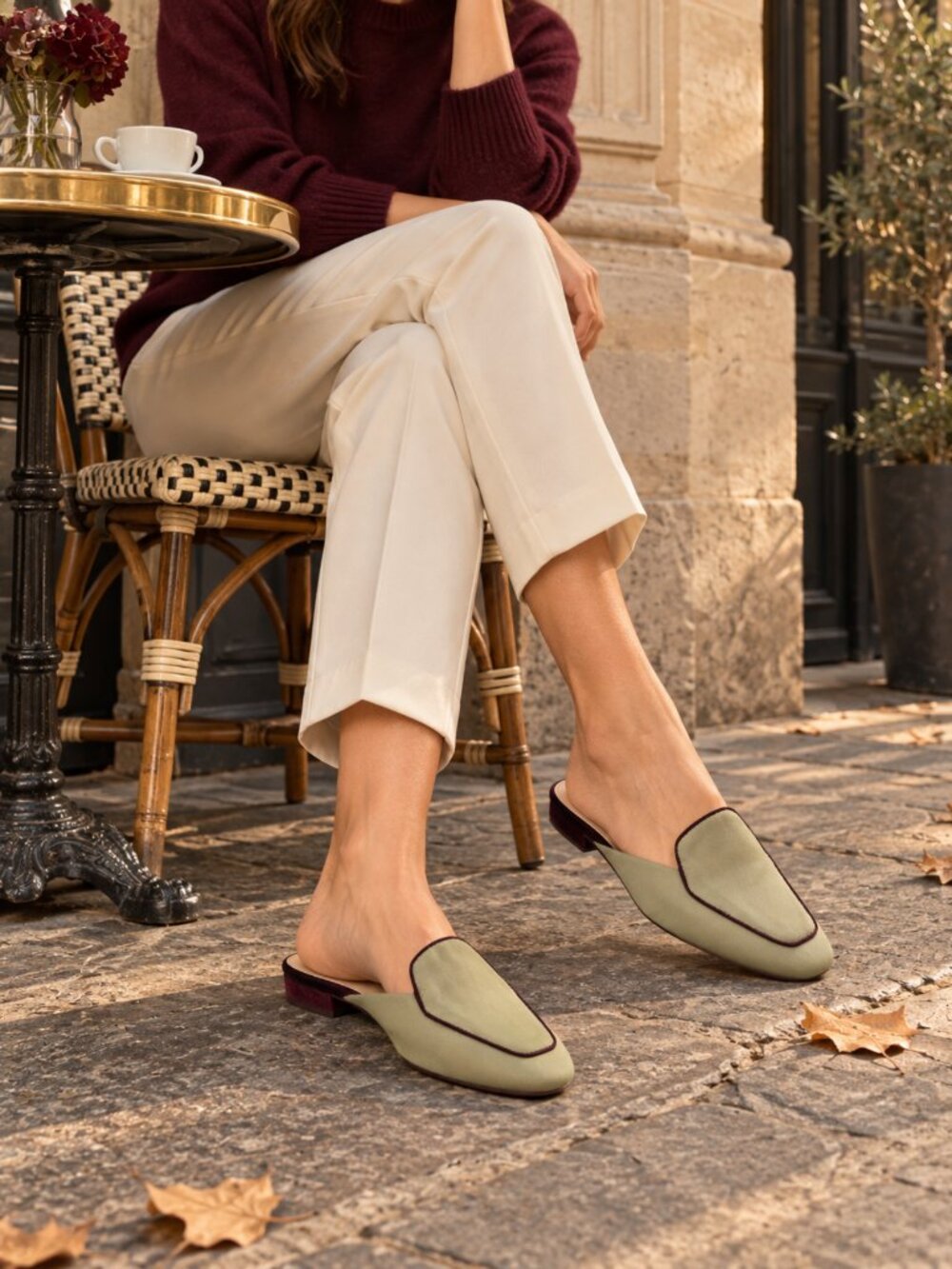 Veronica Beard Olive Green Burgundy Trim Loafer Mule Flats Women’s Size 9M